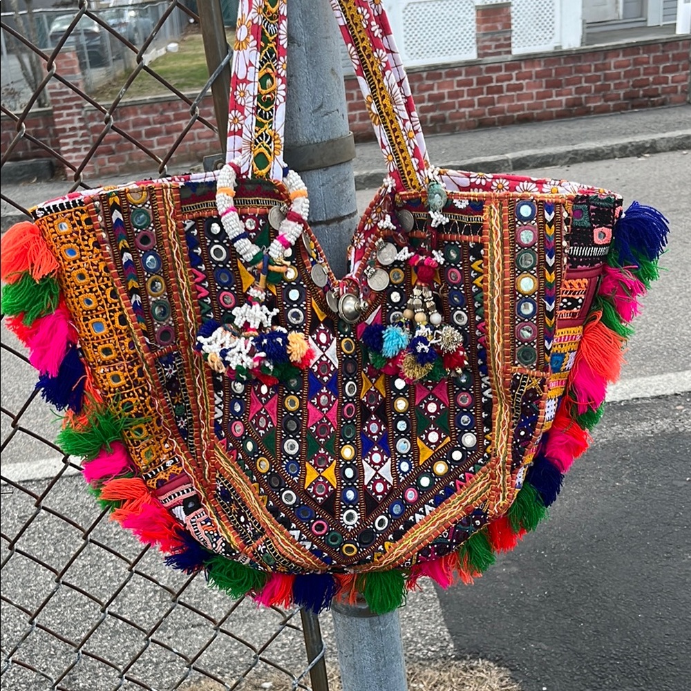 Muzungu Sisters Fringe Colorful mirrored Indian style handmade tote bag